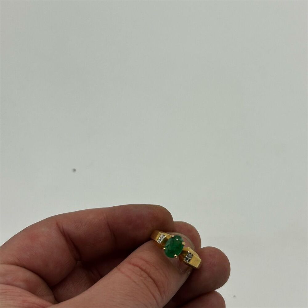14K Yellow Gold Oval Natural Emerald & Diamond Cocktail Ring One Size - Picture 3 of 6